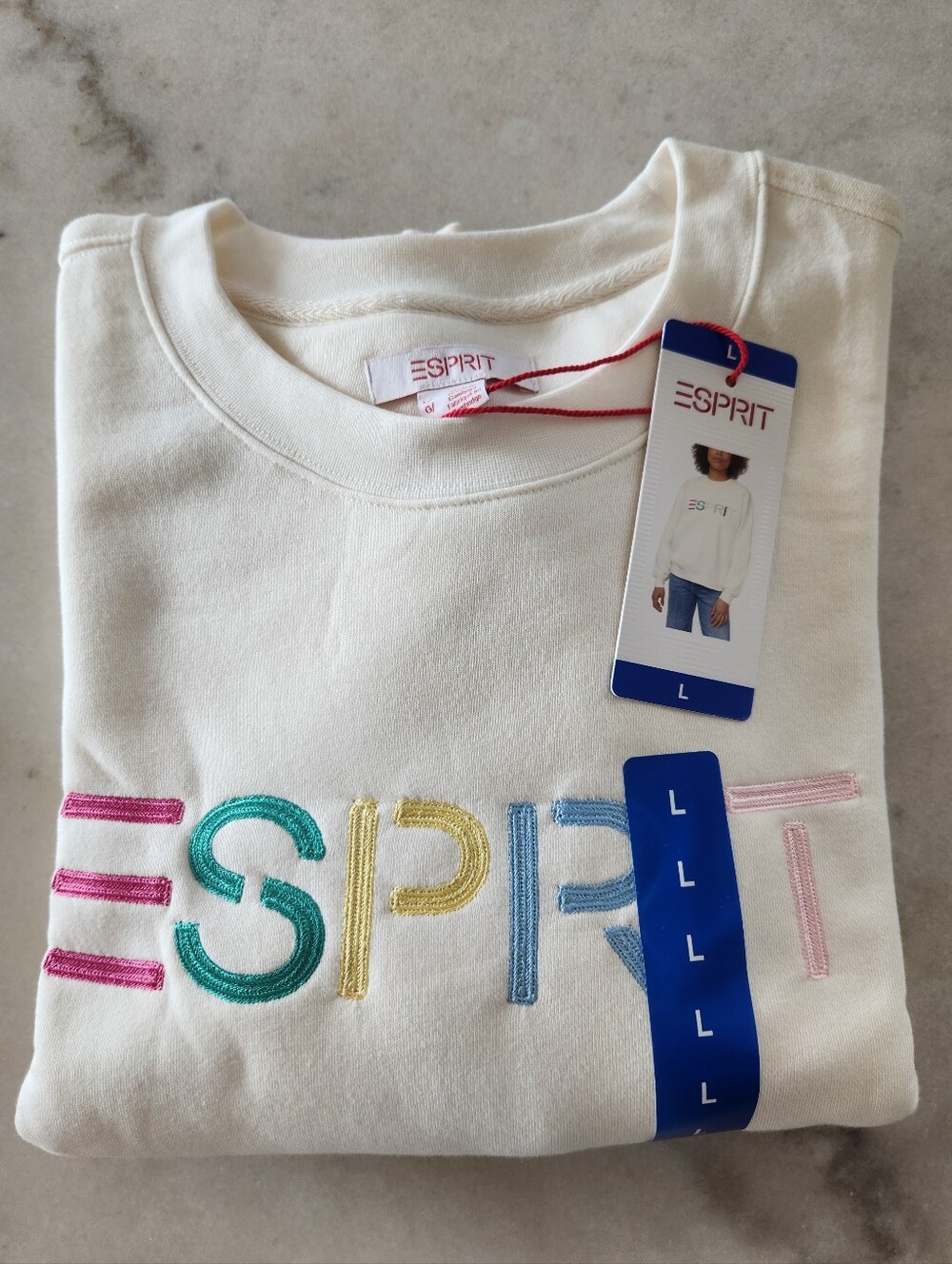 Esprit White Cream Sweatshirt Embroidered Logo Multicolor Rainbow 80's NWT Viral - Picture 8 of 8